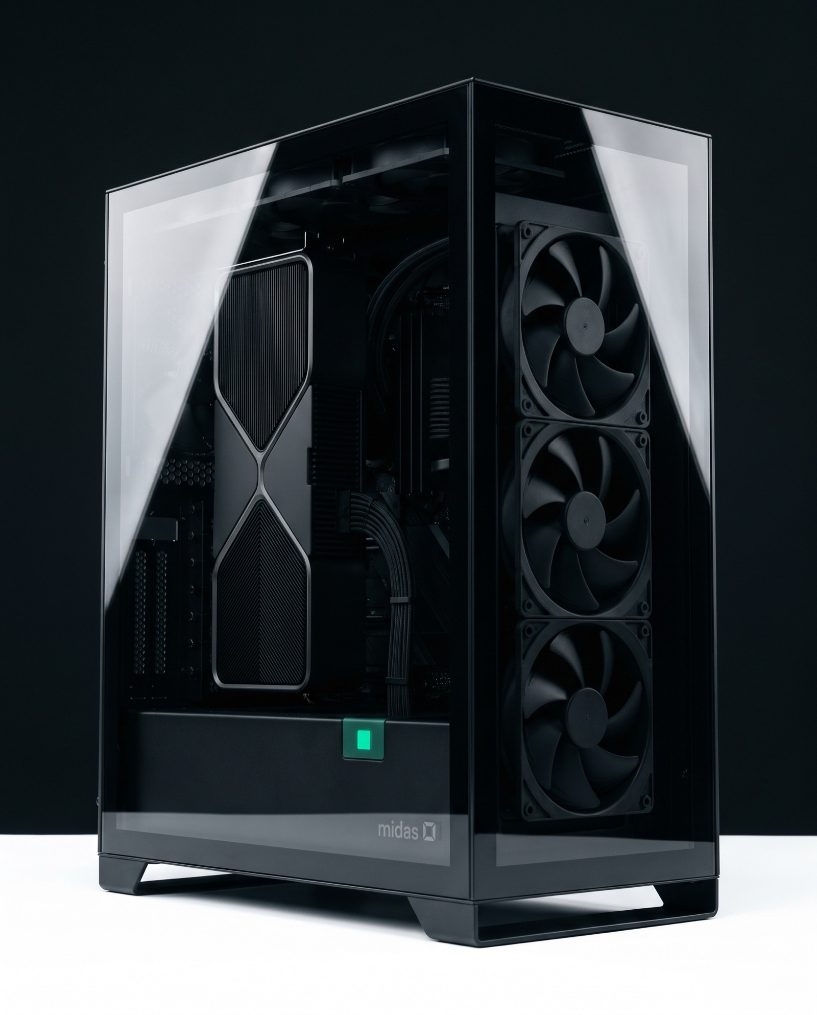 The glass showroom unit — vertical RTX 5090 behind panoramic glass, matte black, no lighting inside