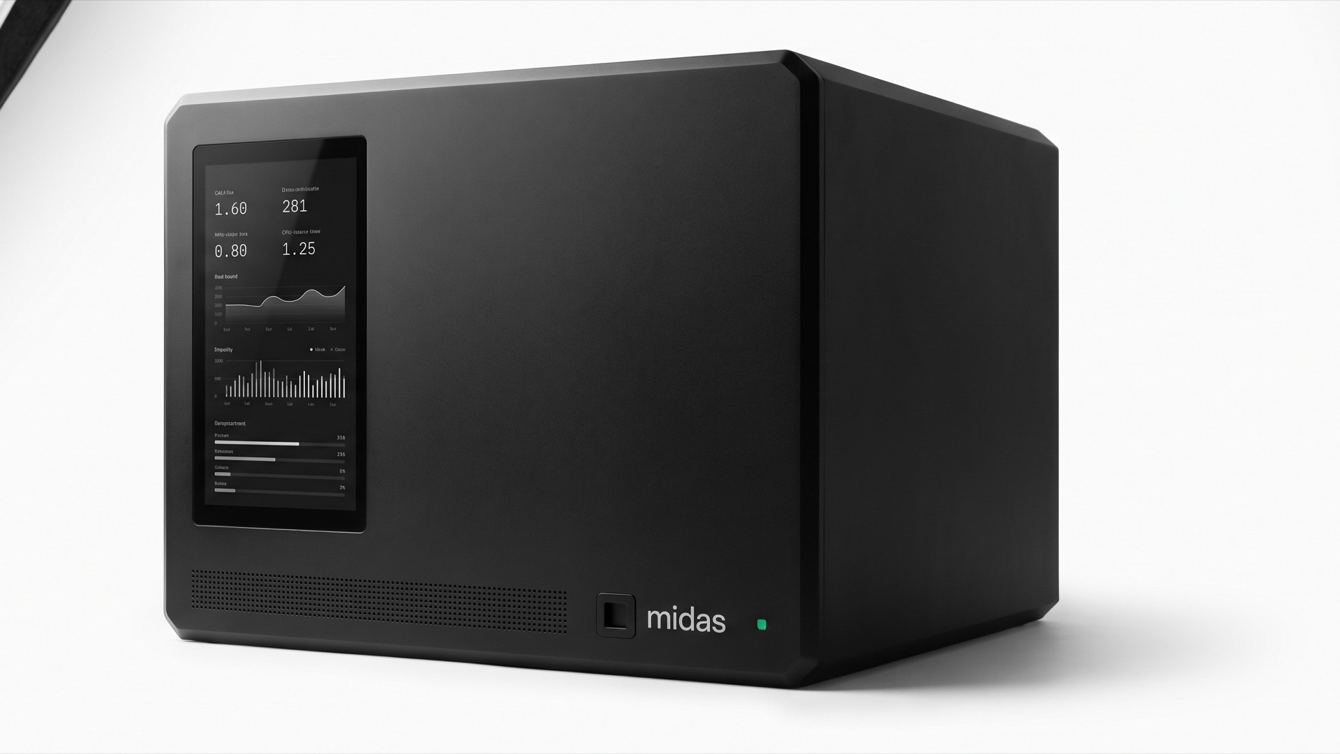 Midas 1 on seamless white, three-quarter view, floodlit, soft contact shadow