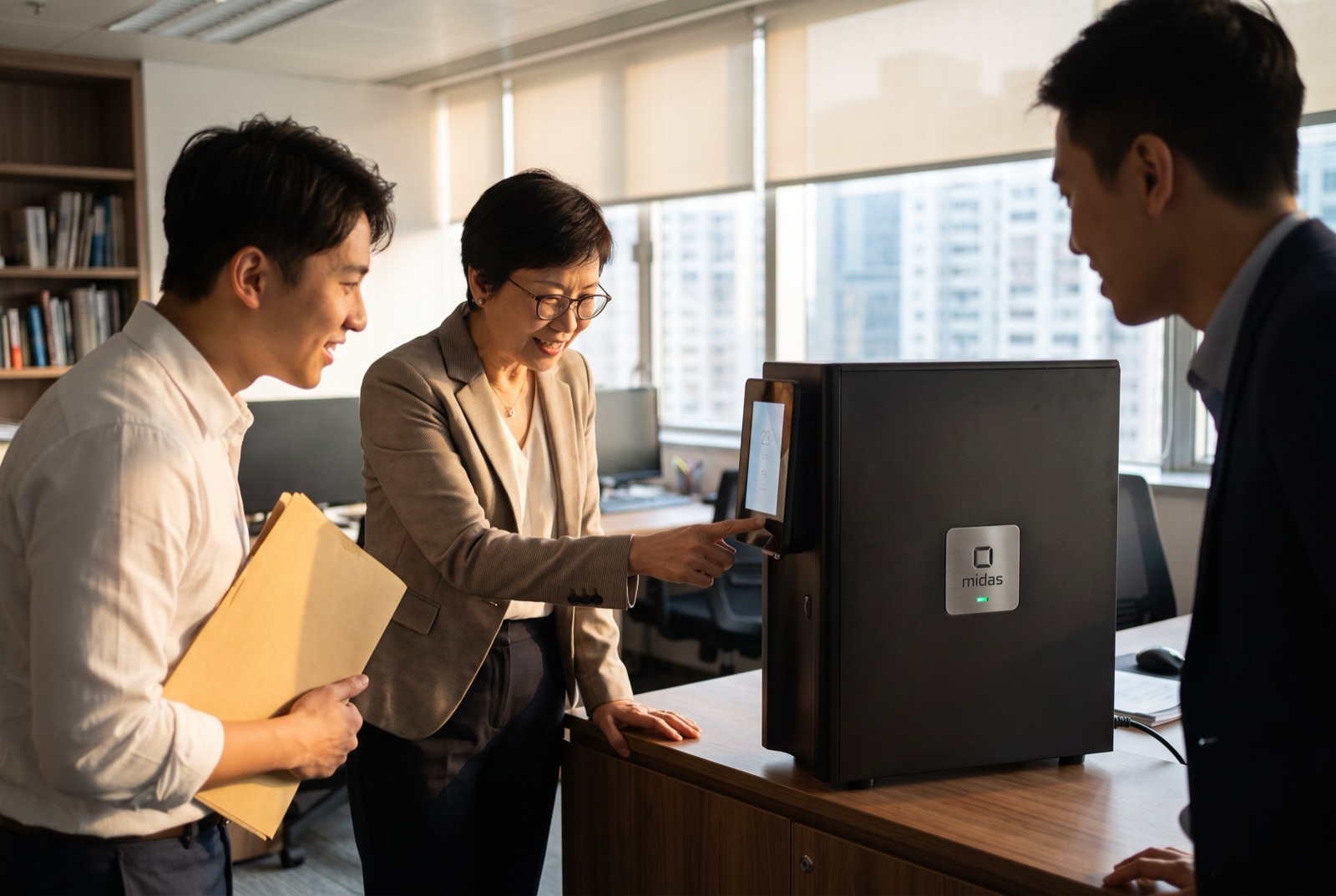 Three people in an office reading the machine's front screen together