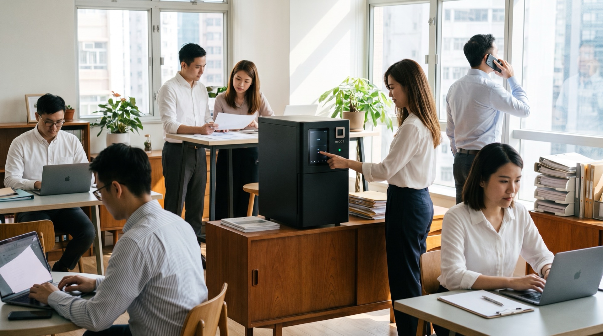 A team at work around the Midas 1 appliance in their office