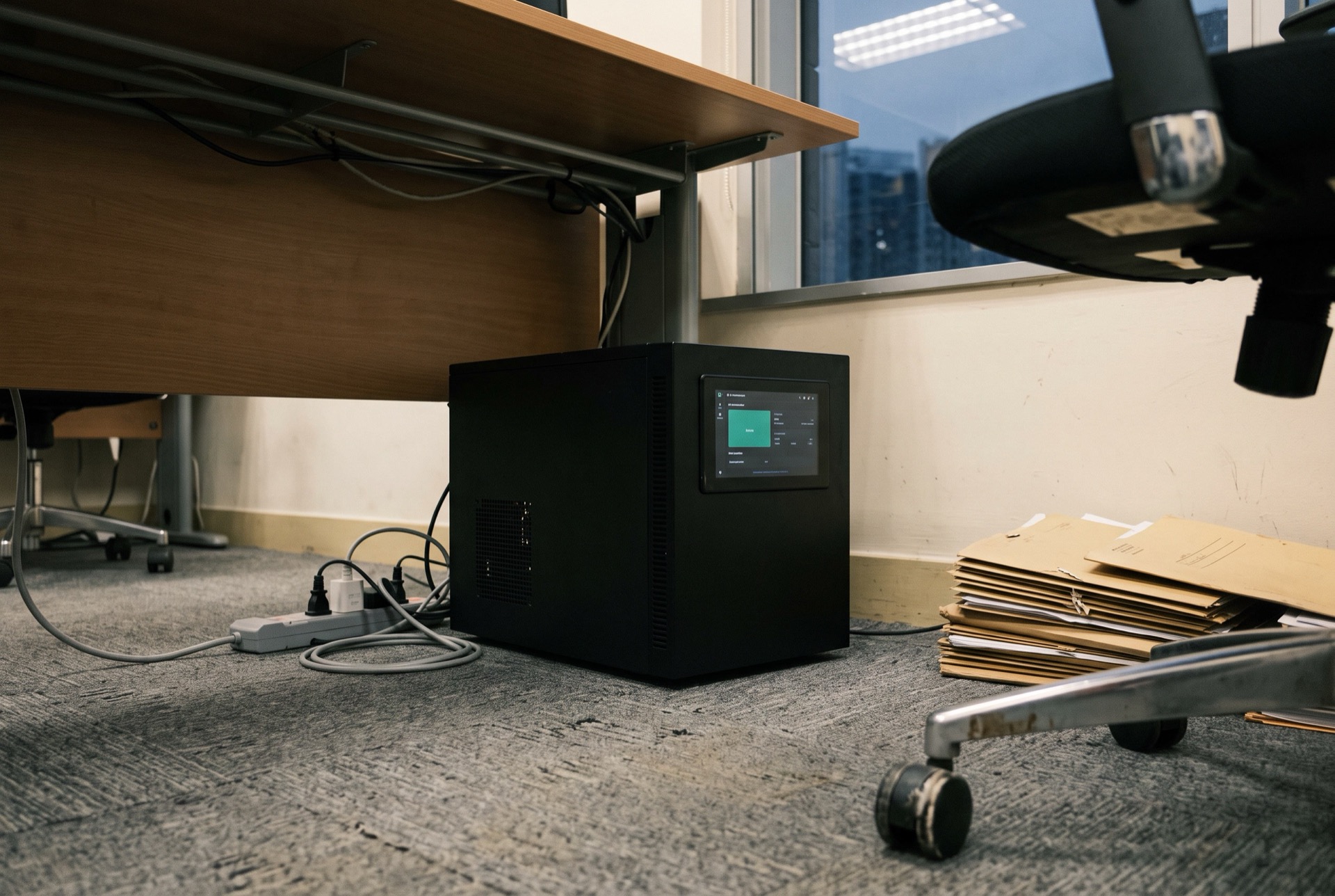 The appliance under a desk in a Hong Kong office — power and network cable, shot as found